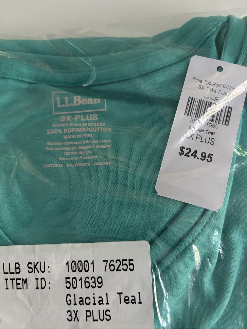 LL Bean 3X Plus 100% SUPIMA® COTTON V-Neck Tee Glacial Teal NWT - Picture 3 of 4